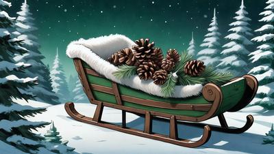 The primary subject of the image is a green and white cart filled with pine cones. The setting is a snowy environment, with trees visible in the background. The visual style is an illustration, and the colors and mood are predominantly white and green, giving the scene a cozy and festive atmosphere.